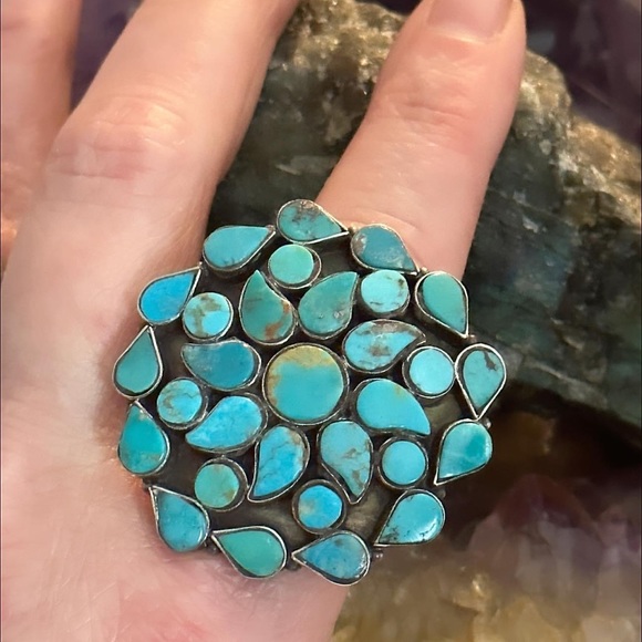 Blue turquoise inlay tile sterling silver statement ring - Picture 4 of 6